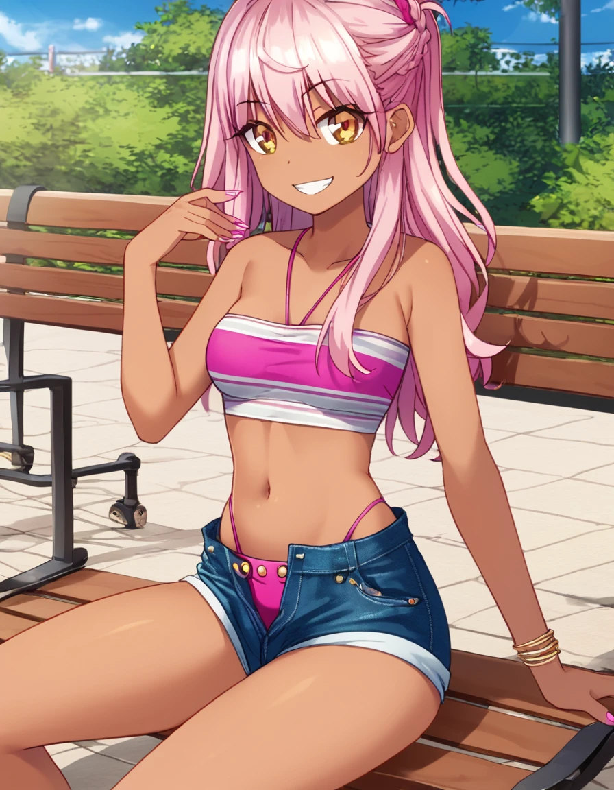 1girl,solo,smile,outdoor,midriff, pink tube top, denim hotpants, open fly, beld, gyaru clothes, thighighs,sitting,bench, chloe,dark_skinned_female,dark_skin,long_hair,pink_hair,yellow_eyes,hair_between_eyes,white_hair,bangs,small_breasts,,half_updo,one_side_up, young girl, li, slender waist, nice hips, slutty loli