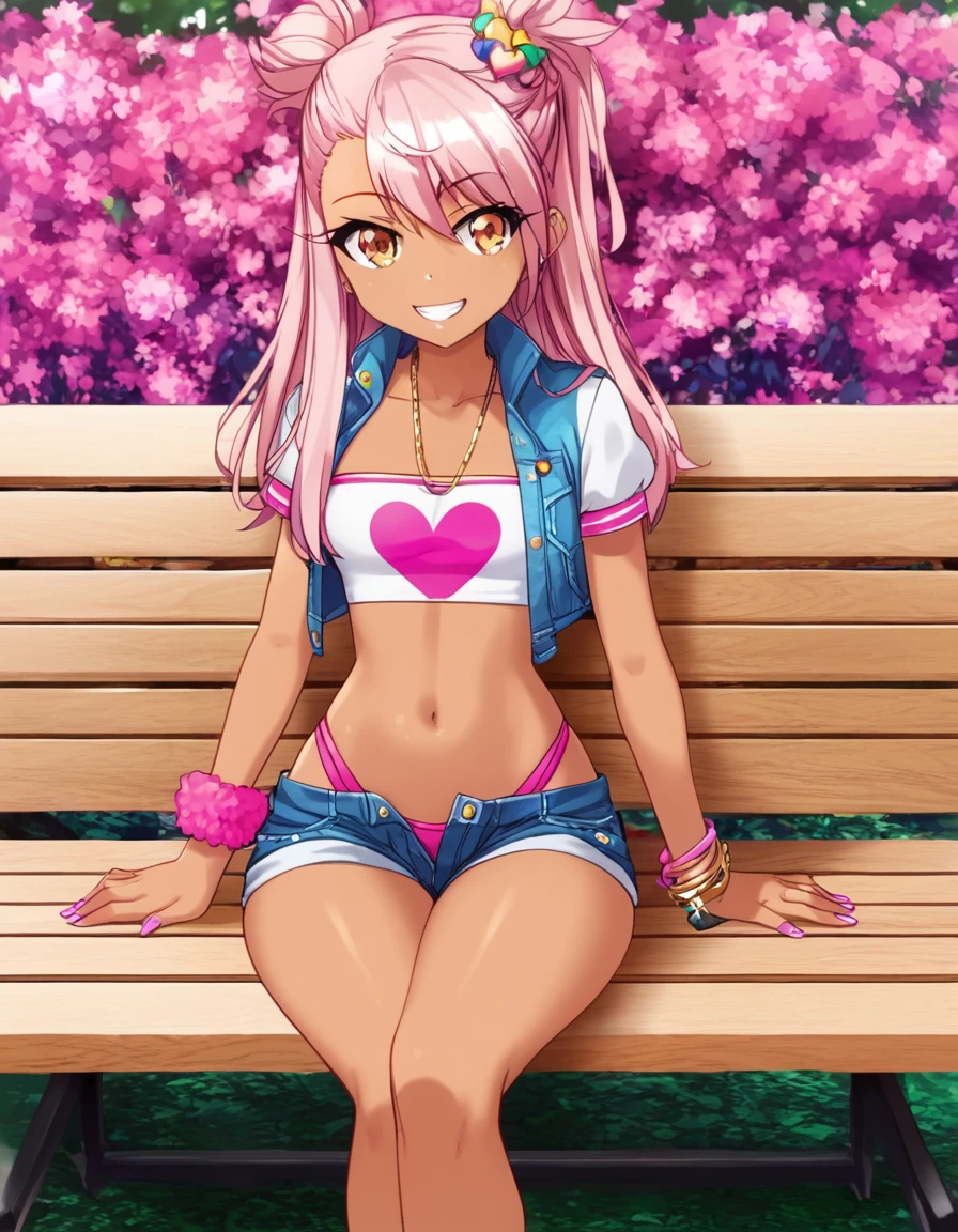 1girl,solo,smile,outdoor,midriff, pink tube top, denim hotpants, open fly, beld, gyaru clothes, thighighs,sitting,bench, chloe,dark_skinned_female,dark_skin,long_hair,pink_hair,yellow_eyes,hair_between_eyes,white_hair,bangs,small_breasts,,half_updo,one_side_up, young girl, loli, slender waist, nice hips, slutty loli