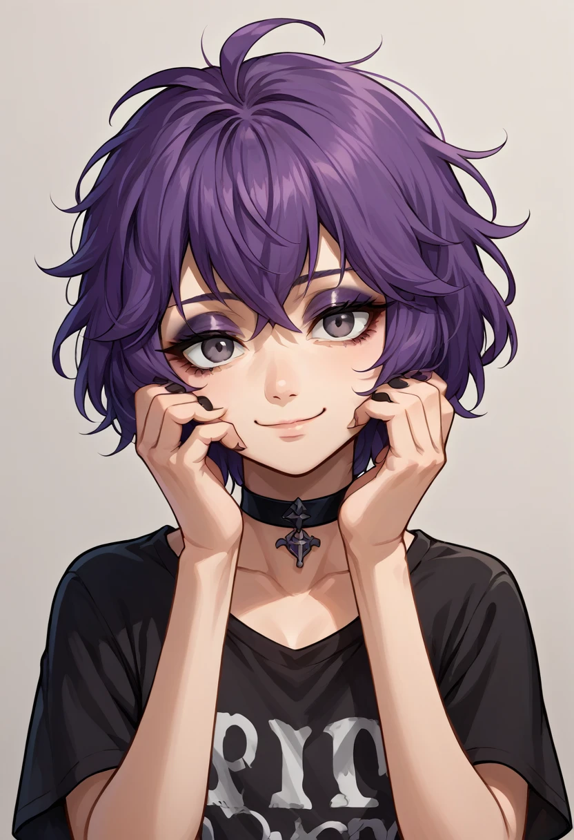 score_9, score_8_up, source_anime, 1girl, solo, defBernie, messy hair, purple hair, black shirt, t-shirt, black choker, black choker, goth, eyeliner, eyeshadow, light smile, head tilt, hands on own cheeks, 