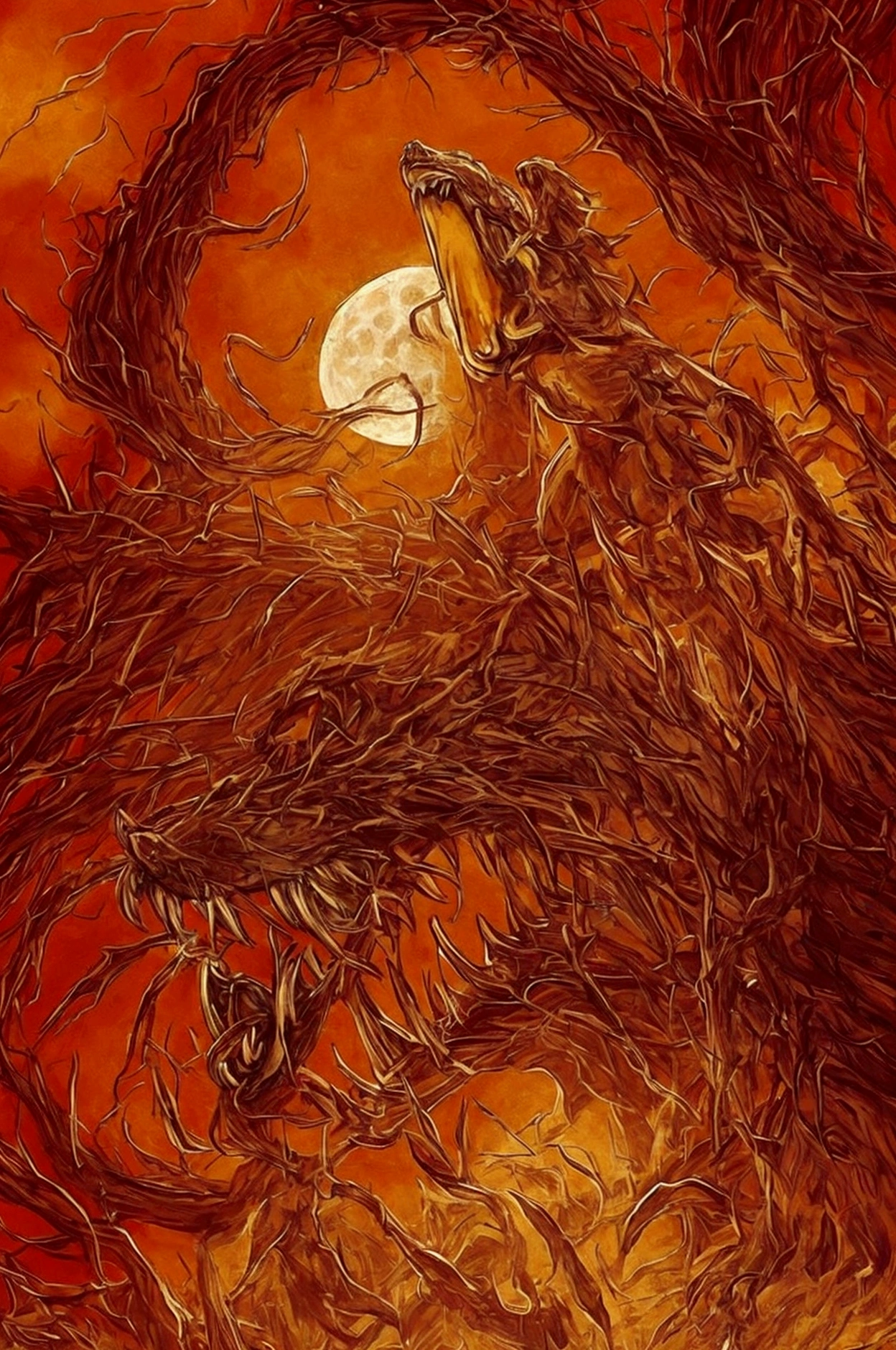 a sexy woman who has become a monster is depicted in an image of a moonlit pumpkin patch being terrorized by an evil female mutant pumpkin which has grown oversized and formed wolf-like arms and legs out of vines ruling over the haunted pumpkin patch. her body is animalistic like a wolf with long claws. the pumpkin head is misshapen with a sinister face carved into it with remnants of red goo still dripping from her teeth and running out of its mouth. crushed gourds litter the ground around the creature like bodies. Breasts, Large breasts, Open Mouth, Red Eyes, Teeth, Grin, Saliva, Upper Teeth, Drooling, Angry, Serious, No Nose, Saliva Trail, Evil Smile, Annoyed, Evil, Hollow Eyes, Glowing Eyes, 