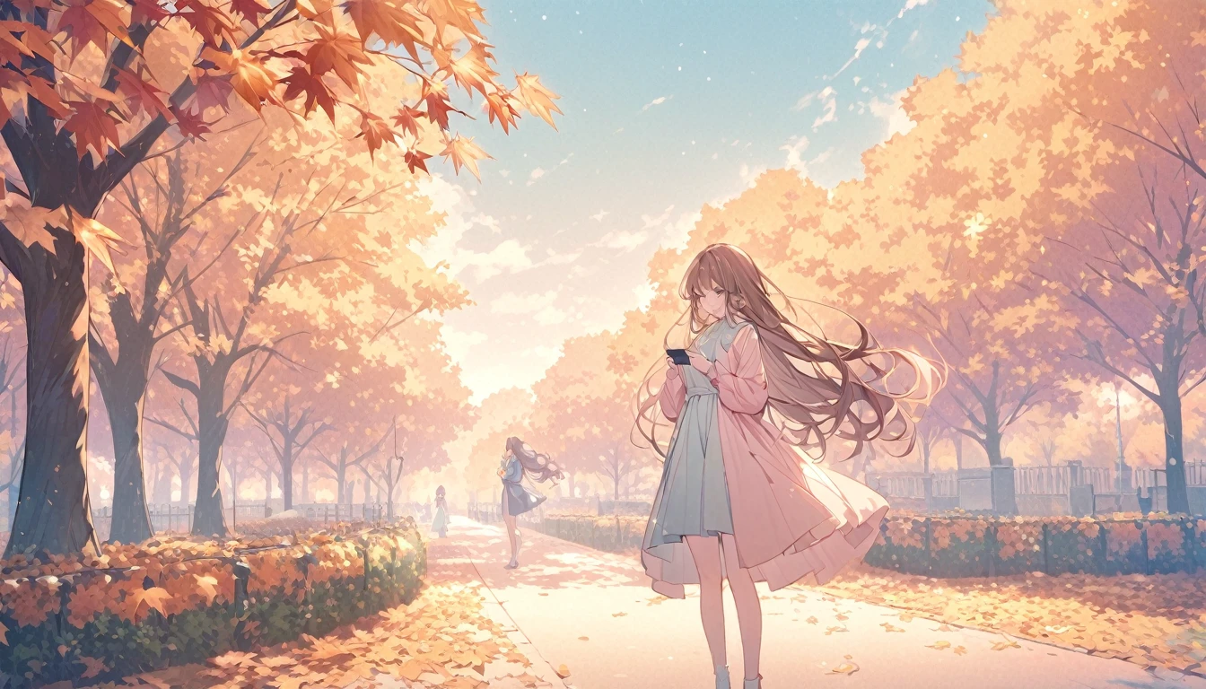  meeting,I'm looking at my phone,Autumn townscape,Long Hair,Brown Hair,High Quality Backgrounds,whole bodyが写っている,whole body, pastel colors,A light touch,Light color,Illust