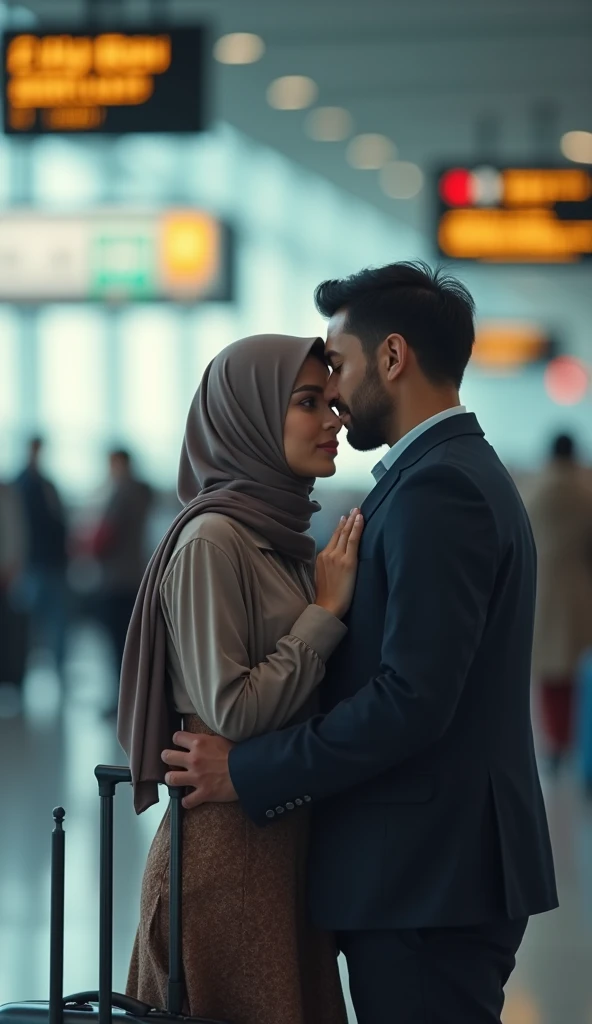 Black headscarf on a very crowded bus, Sexy thin woman in a black long coat sitting on a man's lap. (The man is smiling). A man sitting next to them is touching the woman.