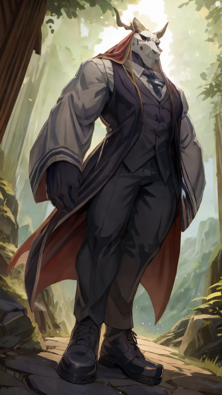 masterpiece, high quality, absurd res, digital painting \(artwork\), volumetric lighting, male, adult, ((solo)), elias_(changed), (dynamic posture: 1.3), (high saturation) (EliasAinsworth, vest, dress shirt, veil, gloves, shoes, broad shoulders, bare shoulders, open legs,  large_body, tail, very long legs, long arms, very tall, black_musculine_body, EliasAinsworth) (wallpaper, 4k), close_up_shot, front_view_pov, half body shot, detailed background, outside, day, forest, mountain, mountains in the distance, by (by Pino Daeni, (by ruaidri), yupa, kiyosan), detailed background, anime, (dark shadows, wide dynamic range, hdr, low light:1.2), BadDream,fcNeg,by littleblackalas