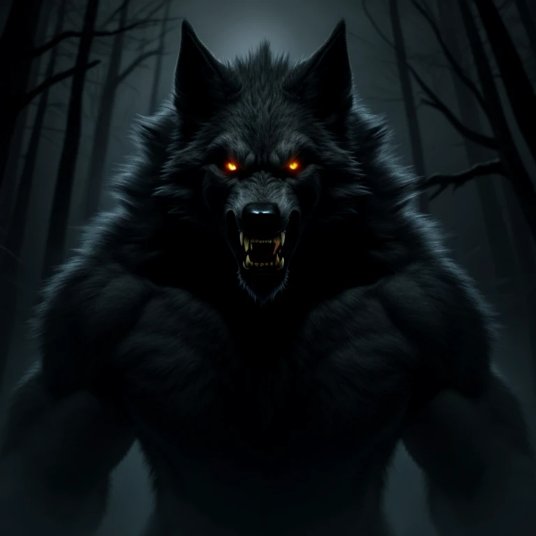 Large werewolf with a detailed black furred body and amber glowing eyes with, snarling, fangs, misty creepy forest background, shadowy aura, night time, portrait with shoulders and chest, semi side angle