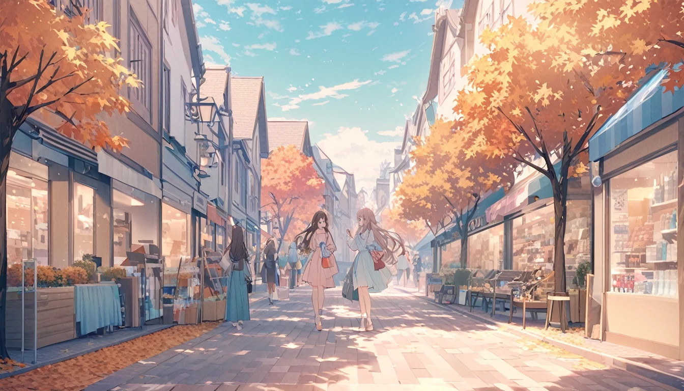  meeting,I'm looking at my phone,Shopping Street,Autumn townscape,Long Hair,Brown Hair,High Quality Backgrounds,whole bodyが写っている,whole body, pastel colors,A light touch,Light color,Illust