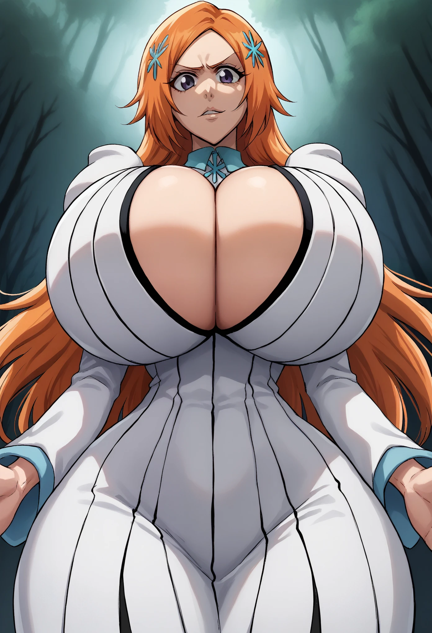 portrait, solo focus, solo, close-up, (very dark forest background, night dark forest background, evil, detailed background:1.3), staring down at viewer, (parted lips:1.2), :1.2) eft_bleach_orihime, orihime the thousand year blood war arc, 1girl, inoue orihime, solo, female rapist, tall, long hair, orange hair, grey purple eyes, white dress bleach, huge breasts, sleeves, hair ornament, bare stomach, naval, large breasts, wide hips, thick thighs, big ass, narrow waist, looking down at viewer, from below, she wants to rape viewer, trying to get a hold on viewer, holding viewer close, tight white dress, the thousand year blood war outfit orihime, bending towards viewer, reaching out to grope viewer, molesting viewer, cleavage, hairclip, purple eyes, dominant, trying to crush viewer with her body, looking straight down at you with bad intentions, disgust, dark evil smile, dark presence, happy, from front,