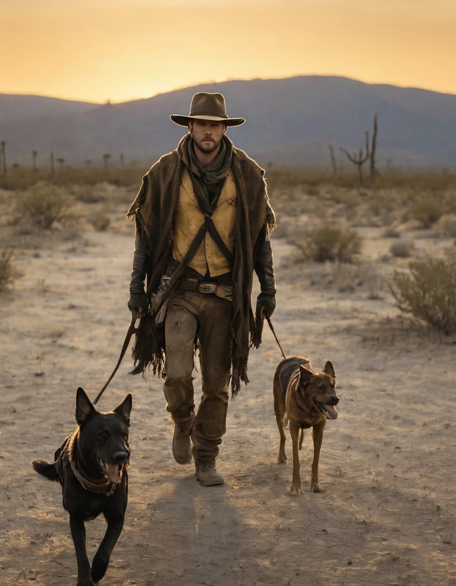  Post-apocalyptic scene captures a thin man dressed in a ragged poncho and cowboy hat,  walking into the distance through an abandoned desert ,  a Winchester casually resting on his shoulders ,  accompanied by a firm shepherd dog ,  the horizon punctuated by the remnants of civilization ,  all bathed in the amber tones of a setting sun casting elongated shadows , color palette reminiscent of  "fallout"