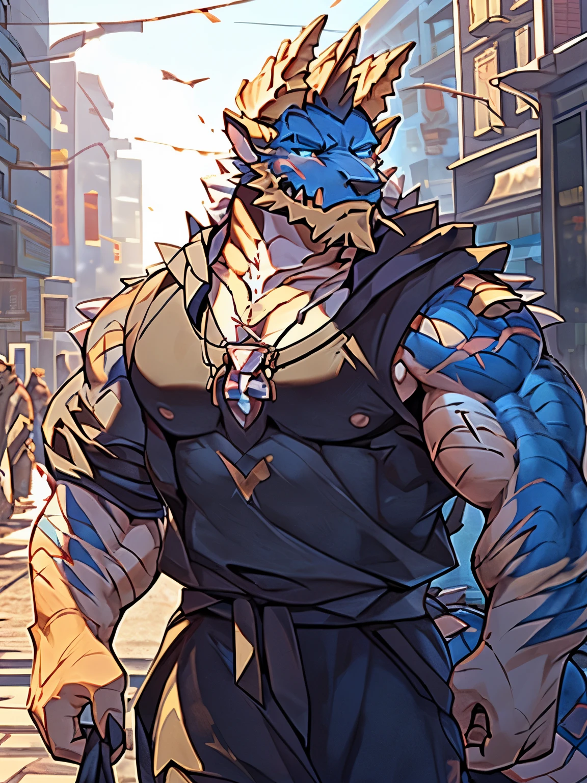 (dragon), two colors, scars on the face, beautiful eyes,necklace hanging around neck,( muscular body:1.3), scars on the face,  handsome, OK,(scars on the face), on the street,(city background),(scars on the face:1.2),look at the screen,(dragon horn),(dragon尾),perfect masterpiece,