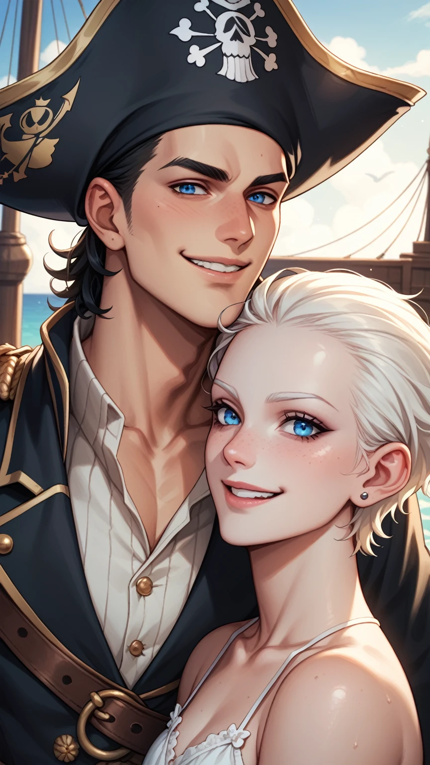 Male, long, unruly and rebeld black hair long, black and somewhat worn pirate hat, white skin - albino, steel blue eyes, playful - funny - mocking - cunning smile. Angle close to the face, dull-inconspicuous colors,  adult. Background of a pirate ship, clear sky,