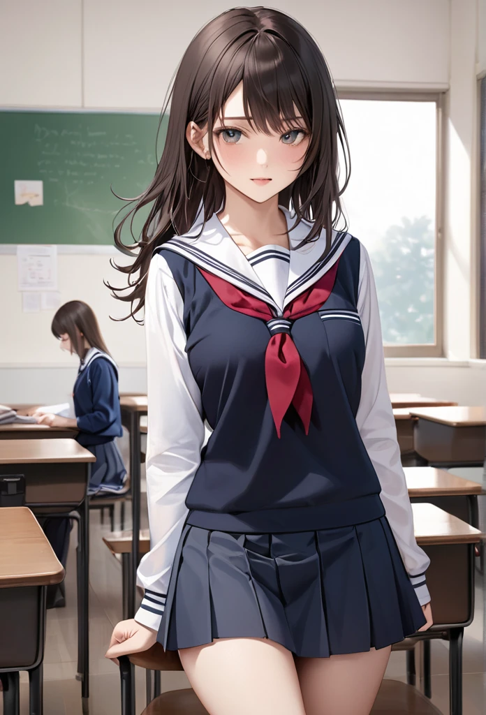 Make a woman short, Very pretty with loose hair in a school uniform covering her entire realistic body