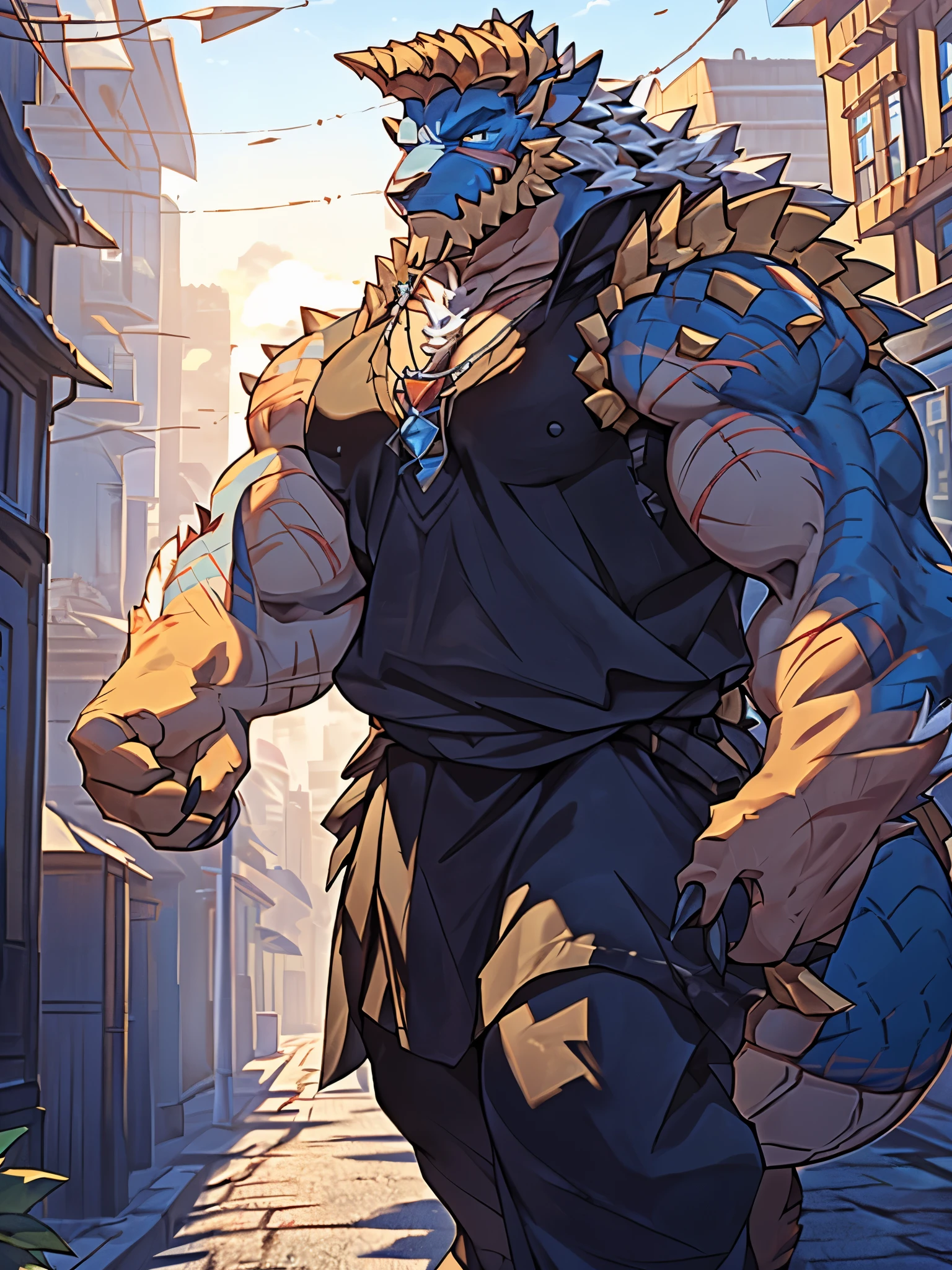 (dragon), two colors, scars on the face, beautiful eyes,necklace hanging around neck,( muscular body:1.3), scars on the face,  handsome, OK,(scars on the face), on the street,(Stadt  background),(scars on the face:1.2),look at the screen,(dragon horn),(dragon尾),perfect masterpiece, (massiv:6.0, ( heavyweight,stark,Macro, Emphasize, steht neben Building)), background((trees, Building, raise small spoke , the crack in the road, his position ))