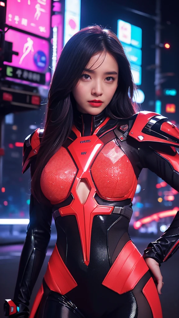  Kampala, masterpiece,  anatomically correct,  super high image quality ,  textured skin, (( Hair with split center )), Tall、Large Breasts、Red lips、 Look 、Futuristic,  Secret Cyber Suit 、 Cyberpunk、(( The background is a glittering neon night scene.)), 