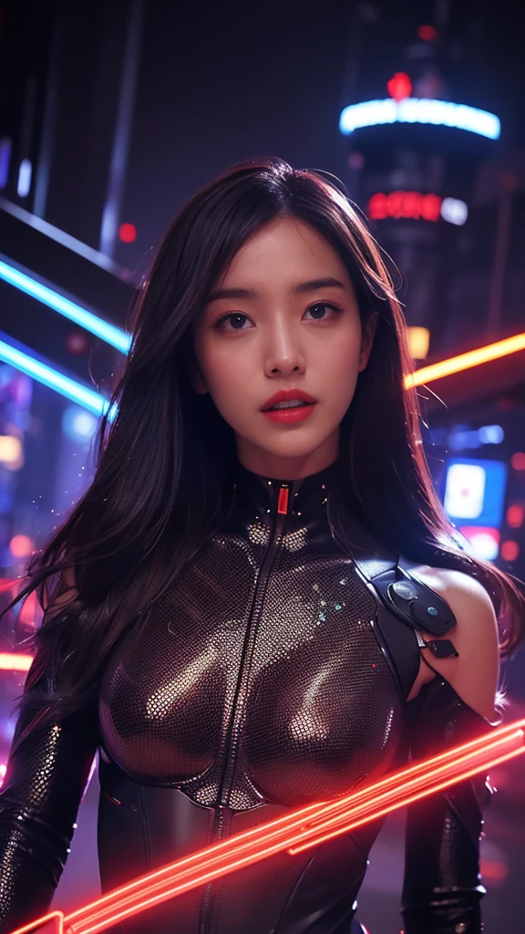  Kampala, masterpiece,  anatomically correct,  super high image quality ,  textured skin, (( Hair with split center )), Tall、Large Breasts、Red lips、 Look 、Futuristic,  Secret Cyber Suit 、 Cyberpunk、(( The background is a glittering neon night scene.)), 