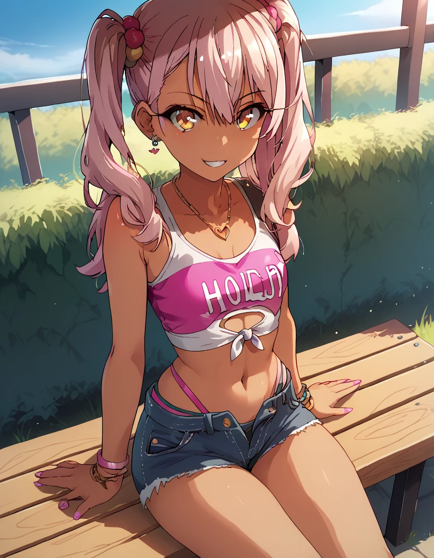 1girl,solo,smile,outdoor,midriff, pink tube top, denim hotpants, open fly, beld, gyaru clothes, thighighs,sitting,bench, chloe,dark_skinned_female,dark_skin,long_hair,pink_hair,yellow_eyes,hair_between_eyes,white_hair,bangs,small_breasts, young girl, ****, (takeda hiromitsu), slender waist, nice hips, slut