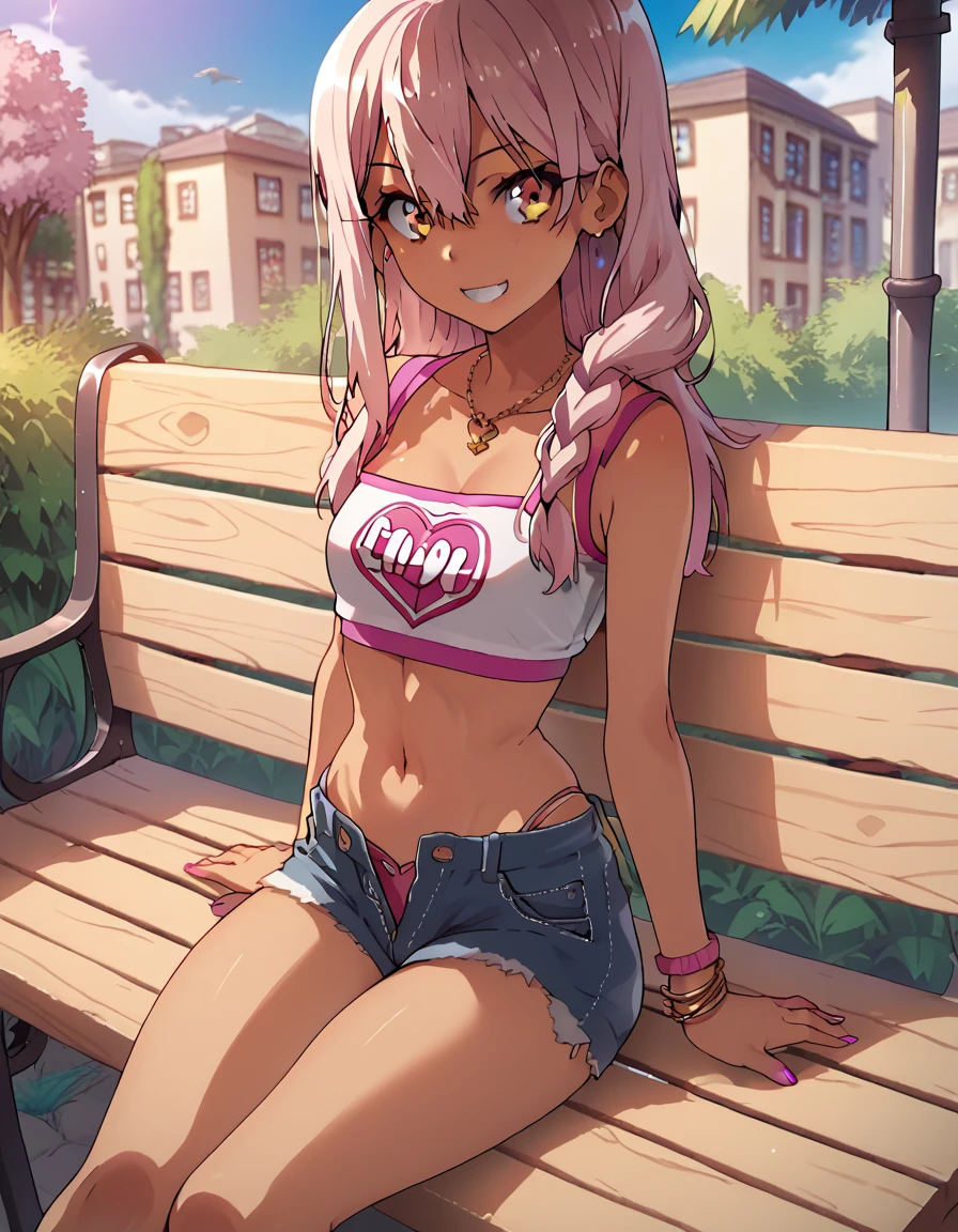 1girl,solo,smile,outdoor,midriff, pink tube top, denim hotpants, open fly, beld, gyaru clothes, thighighs,sitting,bench, chloe,dark_skinned_female,dark_skin,long_hair,pink_hair,yellow_eyes,hair_between_eyes,white_hair,bangs,small_breasts, young girl, li, (takeda hiromitsu), slender waist, nice hips, slut