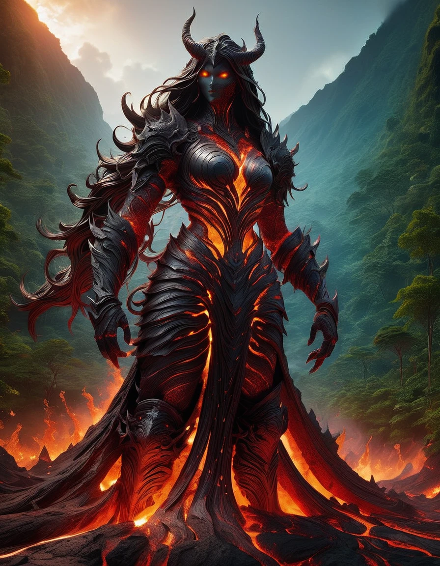 Lava Demon, ral-lava, LavaRay, Demon made entirely of lava, (best quality, highres, ultra-detailed:1.2), intense, fiery, and fearsome Lava Demon, glowing red eyes, sharp fangs and claws, towering over the landscape, surrounded by swirling magma, molten rivers flowing in the background, emitting a sinister glow, smoke billowing from its nostrils, an aura of pure heat and destruction, devilish horns adorned with lava drips, an otherworldly entity emerging from the depths of the Earth's core, surreal and menacing, in the style of dark fantasy art, with vibrant colors and high contrast, cast in a hellish color palette.