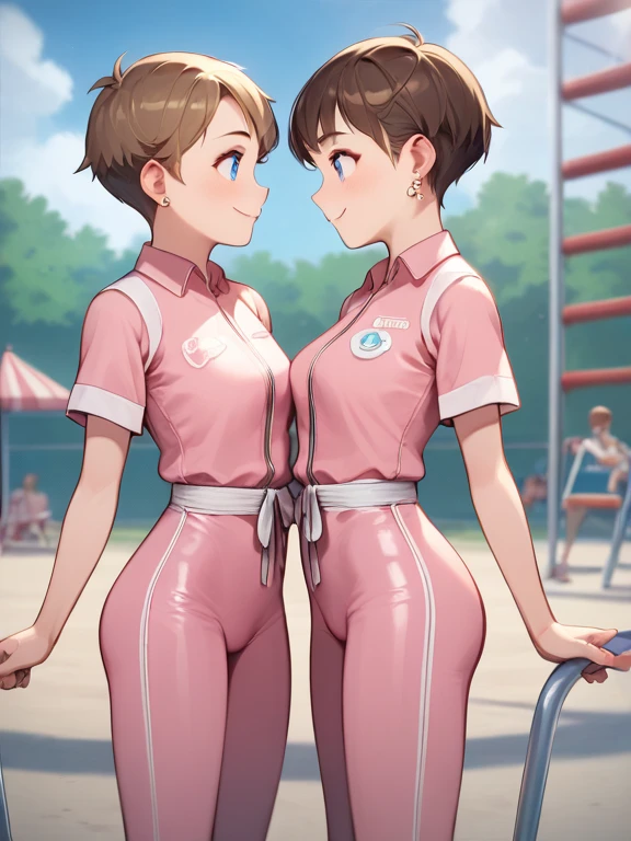  score_9,  score_8_up,  score_7_up, Destroy ， High image quality ，4K quality, (  cute ganglo girls  )，  artwork  ，  best quality  , Very sophisticated ，  very short  ，  ，Short legs， White girl , , 1:4,  in the center standing, Side view,  pink jumpsuit ,  tight jumpsuit ,  jumpsuit leggings  ,  waist cord ,  short pixie hair  , Brown Hair,  small earrings ,  blue eyes , smile,  two small curious girls touched on the abdomen, Playground, In the background, s 