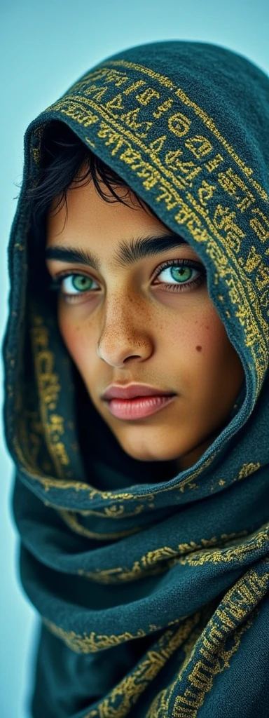 A photorealistic,digital-futuristic depiction of a cloaked female figure with realistic skin and eyes that merge shades of gold and green. Her face,partially veiled by tattered cloth detailed with hieroglyphic patterns,reveals age-old stories. The worn fabric is textured,capturing light through cobweb strands. The abstract,icy-blue polygonal background shifts between depths,creating a frozen void that feels both ancient and futuristic. The interplay of her warm hues against the cold,blue tones of the environment amplifies the mystical atmosphere,blending themes of time and technology.,Real-Faceji,