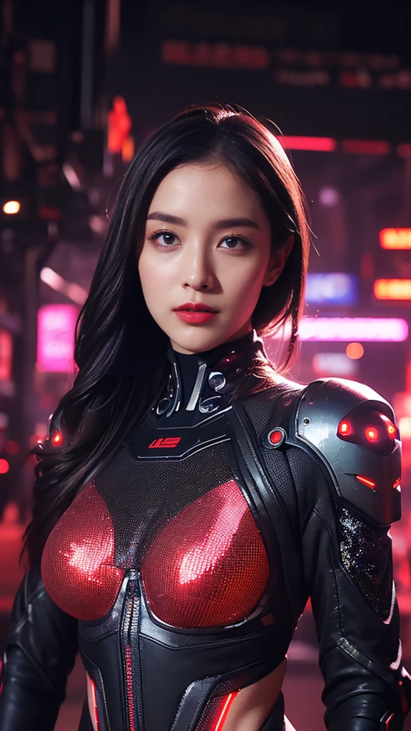  Kampala, masterpiece,  anatomically correct,  super high image quality ,  textured skin, (( Hair with split center )), Tall、Large Breasts、Red lips、 Look 、Futuristic,  Secret Cyber Suit 、 Cyberpunk、(( The background is a glittering neon night scene.)), 