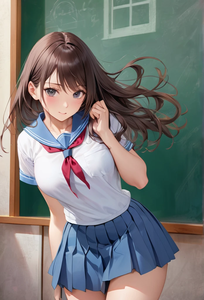 Make a woman short, Very pretty with loose hair in a school uniform covering her entire realistic body Giantess Growth woman a giantess  