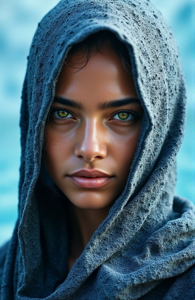 A photorealistic,digital-futuristic depiction of a cloaked female figure with realistic skin and eyes that merge shades of gold and green. Her face,partially veiled by tattered cloth detailed with hieroglyphic patterns,reveals age-old stories. The worn fabric is textured,capturing light through cobweb strands. The abstract,icy-blue polygonal background shifts between depths,creating a frozen void that feels both ancient and futuristic. The interplay of her warm hues against the cold,blue tones of the environment amplifies the mystical atmosphere,blending themes of time and technology.,Real-Faceji,