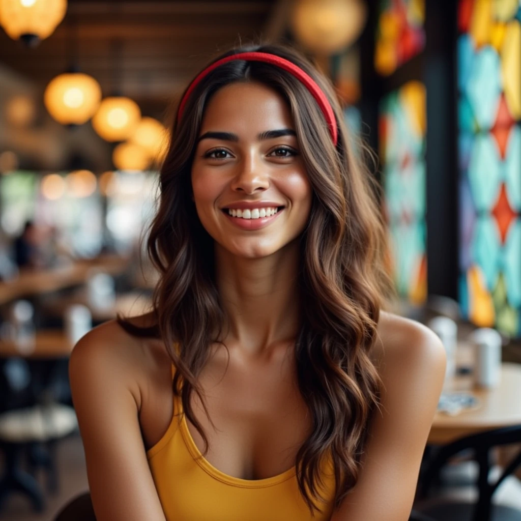 A confident young woman sits in a cafe with her long,wavy hair and a red headband holding it up. Her expression is one of joy and tranquility. The camera captures her in a medium shot,focusing on her cheerful expression and the detailed textures of her surroundings. The cafe's lighting from large lamps hanging from the ceiling added to the lighting coming in from the large stained glass windows creates a pleasant and pleasant environment,giving it a lighting that highlights the young woman's beauty,Real-Faceji,