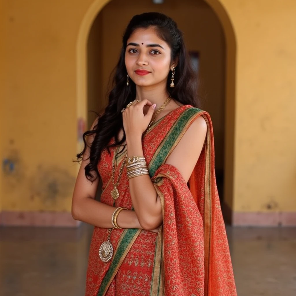 A stunning Indian young  beauty poses confidently against a warm, cultural backdrop. she is  bathed in the soft glow of natural light. Film grain texture adds a tactile quality to this masterpiece, award-winning photography, No watermark,Real-Faceji