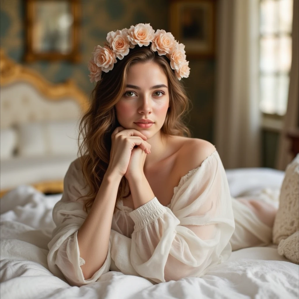 A dreamy shot of a 20-year-old model reclining on a ornate bed indoors, wearing a flowing white nightgown and a crown of flowers that blooms around her head like a halo. The soft focus and warm lighting create a romantic ambiance., Real-Faceji