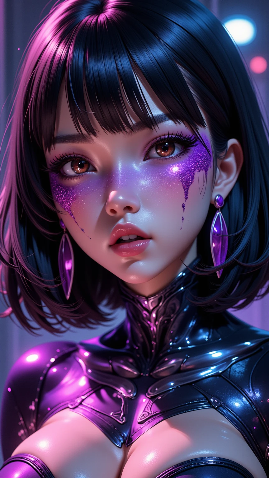 80’s glam rock makeup on shiny android face, anime, 2.5D, Glittery face, moody lighting, (purples, pinks, and blues), iridescent face, abstract ai model, japanese teen, pretty, sexy, minimal, sleek, slender, asian, elegant, chic, futuristic, retro, sophisticated half human half machine, close up face portrait,  big shiny lips, 
