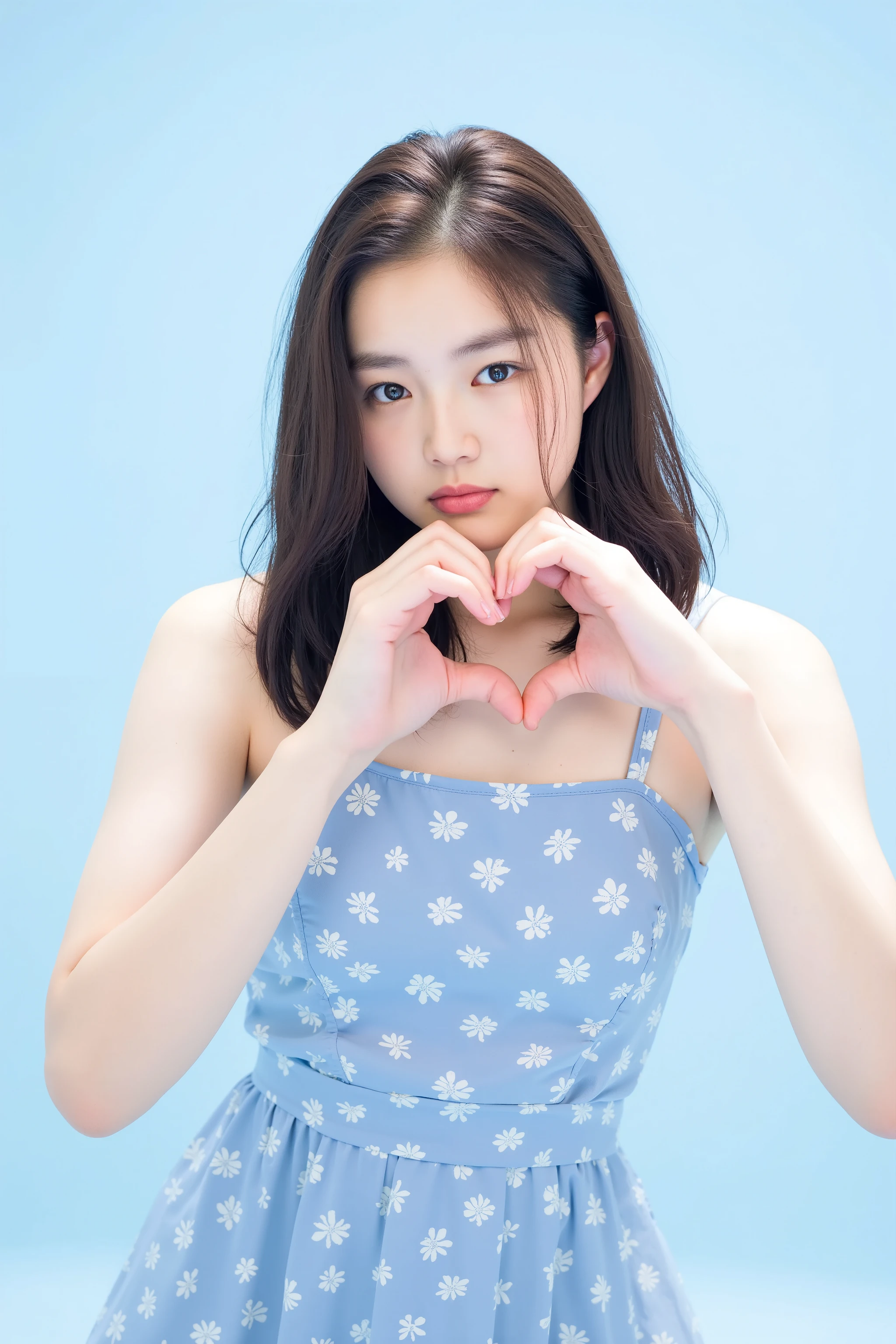    cute high school girl、 The background is a bright blue sky with a soft blur effect {x} staring at the camera with a slightly shy expression {x} posing with both hands making a firm big heart shape and holding it in front of her chest, 明るく楽しそうなsmile、 slightly embarrassed expression ,  staring at the camera ,  hair up to the shoulders 、Light waves 、 with bangs softly covering her forehead , 彼女は camisole with prominent buttocksを着ており、A refreshing impression,  the background is a bright blue sky with a soft blur effect 、リアルなphotograph風のスタイル、 like it was taken with a professional camera , Soft natural light、(Healthy and young々Fresh skin)、 shot with a professional camera 、 she has a bright and happy smile 、High image quality  , 32K,     very accurate anatomy    , masterpiece, Realistic,   very detailed , photograph,   Kampala , ((Heart shaped hands:2.78, Cute hairstyle)), Smoother light, Official Art,   Boundary depth description  ,  bright light, Detailed face, ((smile:1.0)),  eyes in the shape of a heart,    skin with real texture    ,   camisole with prominent buttocks