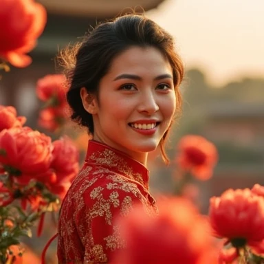 A stunning Chinese 26-year-old beauty wears a stunning red and gold cheongsam from Shanghai, set against the serene backdrop of Beijing's Forbidden City at sunset. The camera captures her regal bearing and striking features from a low angle, looking up at her as if she were standing on a throne. Warm, golden lighting highlights her face, while the surrounding architecture seems to fade into the background. As she smiles, a flock of crimson peonies blooms around her, their petals unfolding like tiny lanterns.,Real-Faceji