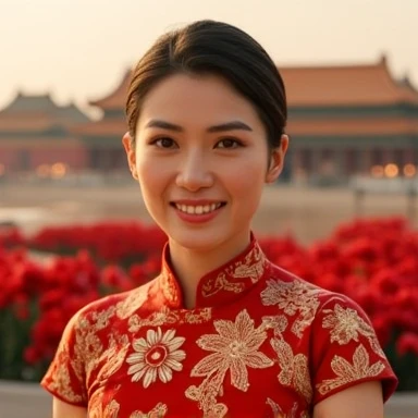 A stunning Chinese 26-year-old beauty wears a stunning red and gold cheongsam from Shanghai, set against the serene backdrop of Beijing's Forbidden City at sunset. The camera captures her regal bearing and striking features from a low angle, looking up at her as if she were standing on a throne. Warm, golden lighting highlights her face, while the surrounding architecture seems to fade into the background. As she smiles, a flock of crimson peonies blooms around her, their petals unfolding like tiny lanterns.,Real-Faceji