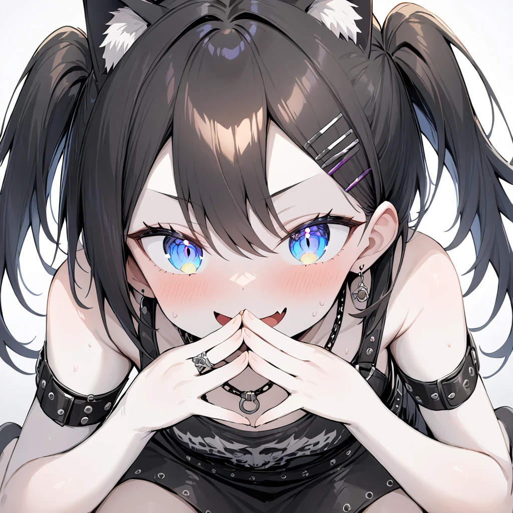 An anime illustration that is extremely precise, extremely drawn, extremely skilled, and extremely processed.、1. Juvenile、A cute boy like a beautiful girl、Wolf ears and wolf tail、Long black hair、Stop crying and smile、close your eyes、Trail of Tears、Pure、Punk Fashion、Lock、Leather outfit、