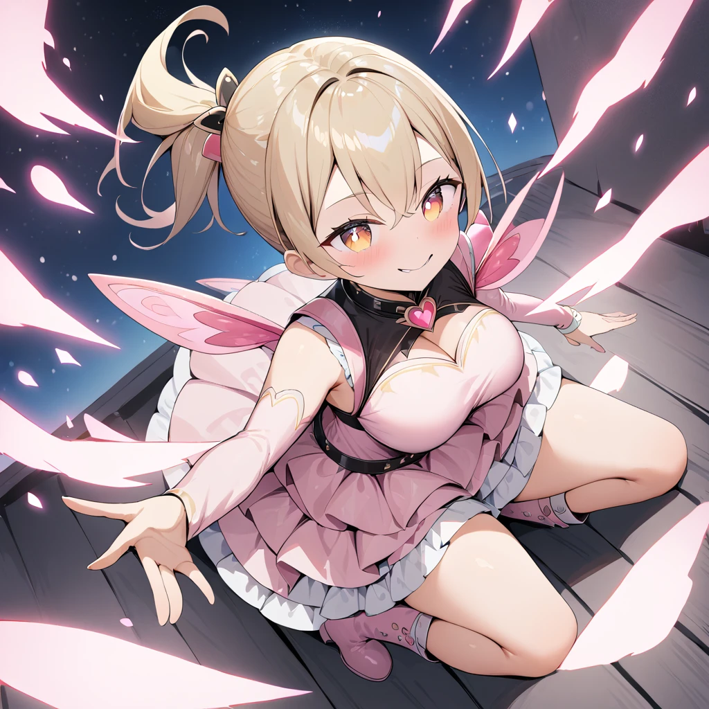 masterpiece,top-quality,horor,Halloween,In the street,Rampage Girl,a blond,小柄,Laughing,Red face,Wearing sweat,Torn pink maid clothes,torn white stockings,Splashes of pink blood,Pink blood splatters,Pop atmosphere,Sweets are scattered,A city decorated with illuminations,Midnight,squash