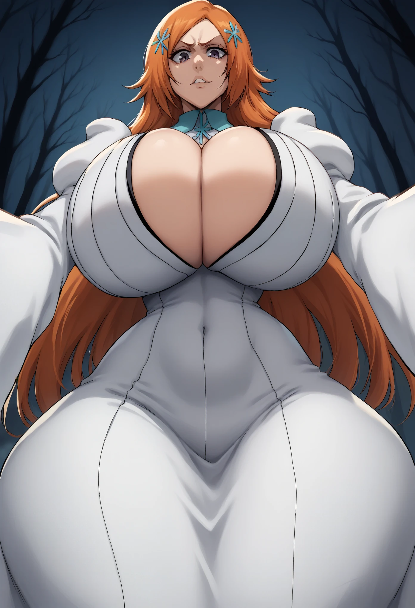 portrait, solo focus, solo, close-up, (very dark forest background, night dark forest background, evil, detailed background:1.3), staring down at viewer, (parted lips:1.2), :1.2) eft_bleach_orihime, orihime the thousand year blood war arc, 1girl, inoue orihime, solo, female rapist, tall, long hair, orange hair, grey purple eyes, white dress bleach, huge breasts, sleeves, hair ornament, bare stomach, naval, large breasts, wide hips, thick thighs, big ass, gyatt, giant ass, narrow waist, looking down at viewer, from below, she wants to rape viewer, trying to get a hold on viewer, holding viewer close, tight white dress, the thousand year blood war outfit orihime, bending towards viewer, on her knees, reaching out to grope viewer, molesting viewer, cleavage, hairclip, purple eyes, dominant, trying to crush viewer with her body, looking straight down at you with bad intentions, disgust, dark evil smile, dark presence, happy, from front,