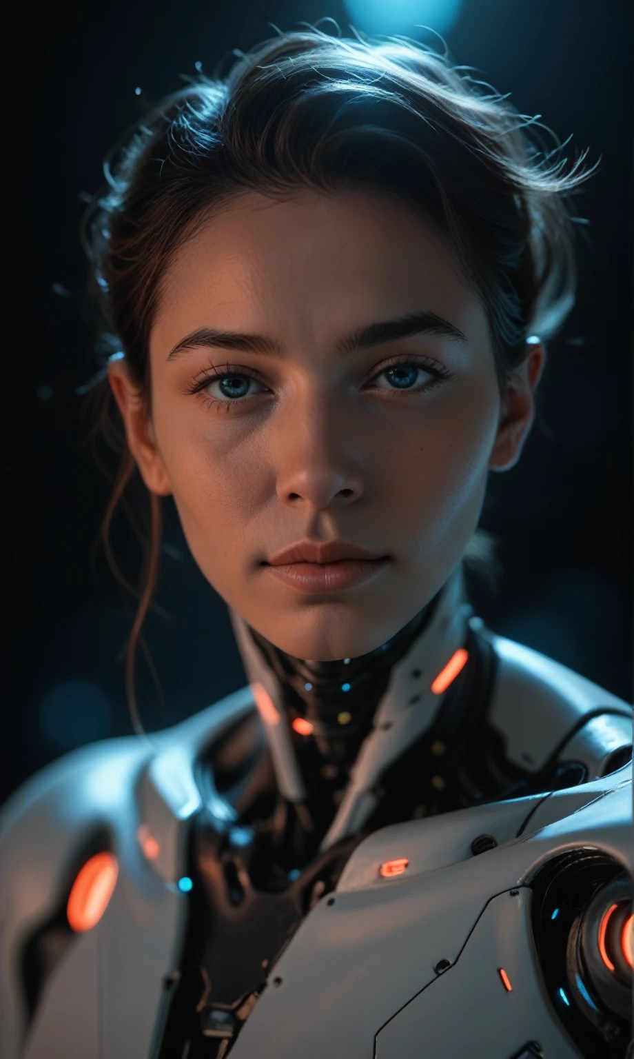 score_9, score_8_up, score_7_up, score_6_up, photo, realism, photorealistic, fantasy photo, portrait, front view, (cyborg), mechanical face, mechanical head, robotic body, looking at viewer, depth of field, bokeh, black background, neon glow, blue neon, red neon