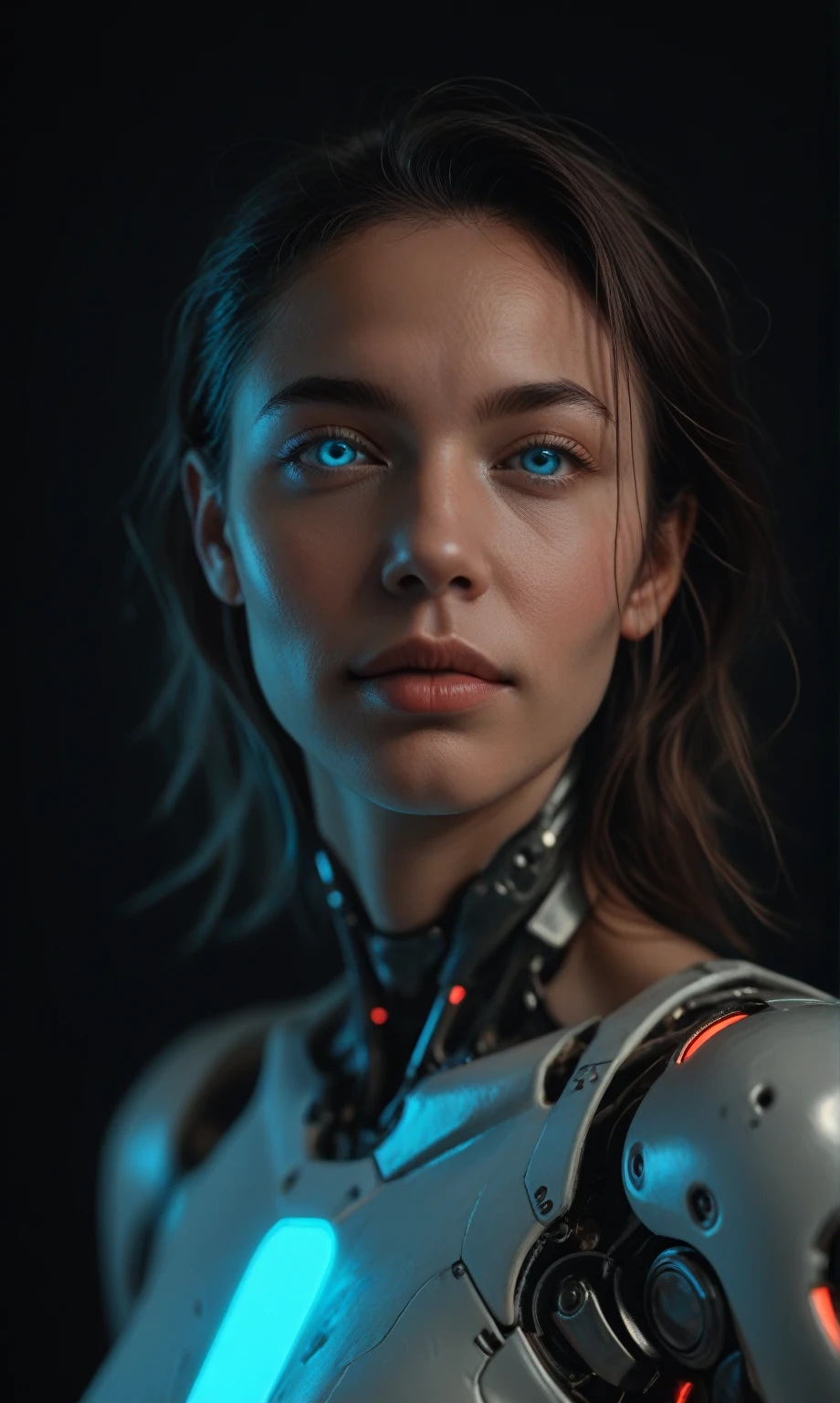 score_9, score_8_up, score_7_up, score_6_up, photo, realism, photorealistic, fantasy photo, portrait, front view, (cyborg), mechanical face, mechanical head, robotic body, looking at viewer, depth of field, bokeh, black background, neon glow, blue neon, red neon