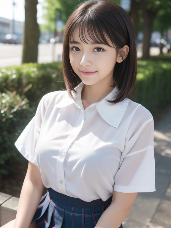 (8k、Raw photography、top-quality、​masterpiece:1.2)、(reallistic、Photorealsitic:1.37)、The ultra -The high-definition、1 girl in、cute little、solo、Beautiful sky、Detailed Cafe、natta、Sitting、date、(Nasal redness)、(A smile:1.1)、(Closed)、colossal tits、beautidful eyes、(shirt with collar:1.1)、wet shirt、pleatedskirt、(Medium Hair:1.2)、Floating hair