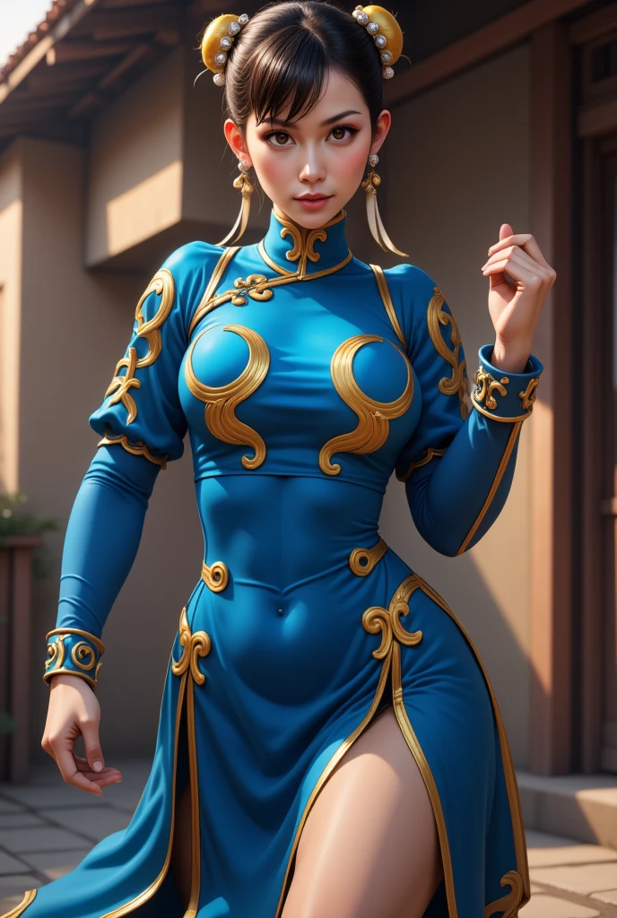 ((top-quality, 8K, masterpiece:1.3)), detailed eyes, cowboy shot, (Best Ratio: 4 fingers, 1 thumb), (portrait), (((Chun-Li ))) 1girl, solo, (cute Asian face),((cute face)) A intricate blue dress inspired in the style of Chun Li of street fighter, blue dress, wide hips and small waist, attack pose, dynamic pose, cinematic, action scene