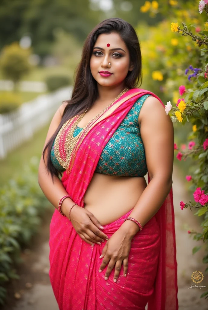 1girl, tanvi, curvy figure, massive breasts, (best quality, highres, HD, 8k, award winning, high details, masterpiece, UHD)

The image is a high-resolution photograph featuring a young woman of South Asian descent standing outdoors in a serene garden setting, with vibrant flowers in the background. She has a medium-brown skin tone and long, straight dark brown hair cascading over her shoulders. Her eyes are a deep brown, and she has a warm, inviting smile. She is dressed in a traditional Indian outfit, wearing a rich red saree embellished with intricate gold embroidery, paired with a contrasting emerald green blouse adorned with sparkling sequins that accentuates her curvy figure.

The image captures her voluptuous silhouette as she poses gracefully, the fabric of her saree draping elegantly around her hips, enhancing her hourglass shape. The background features lush greenery and a soft-focus effect, creating a dreamy atmosphere.