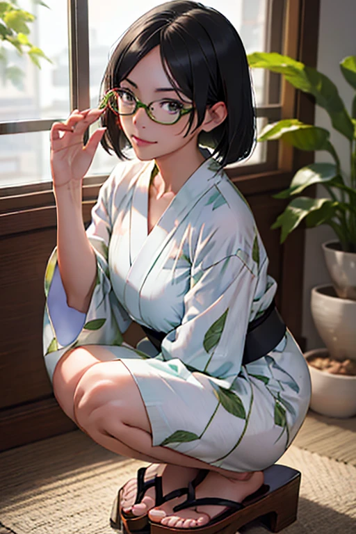 Best Quality、masterpiece、High sensitivity、 Kampala、 Detailed explanation、 Fragrance Spark、Crouching in a yukata、Wearing Geta、, {Kirishima_ fleet collection:1.15}, short_hair, Glasses, black_hair, Green Frame_Glasses,