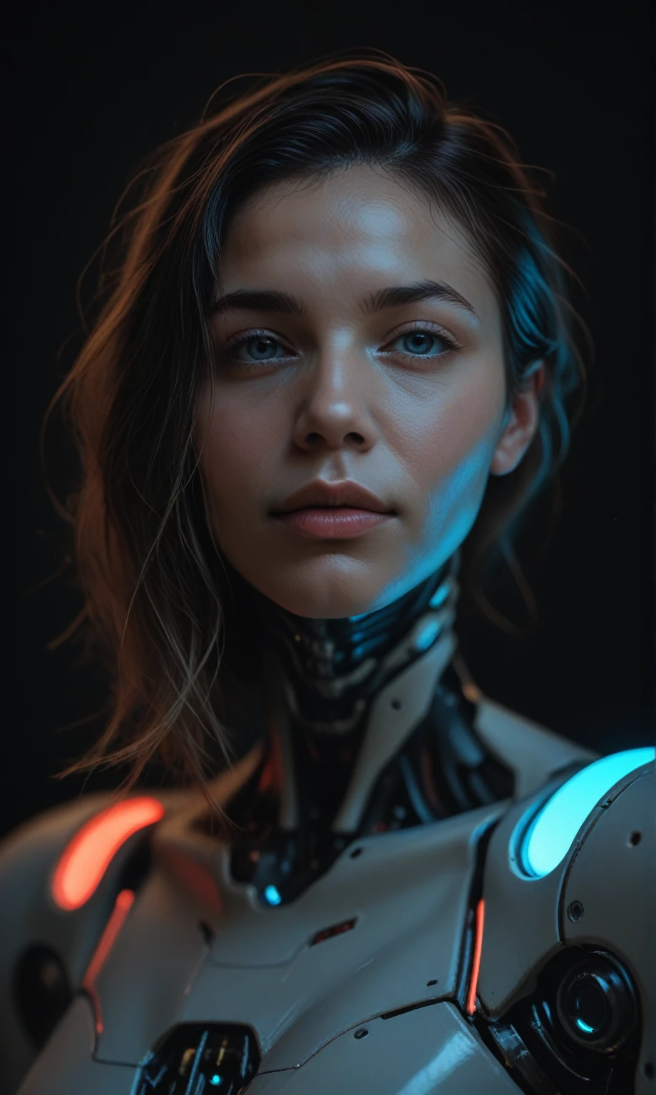 score_9, score_8_up, score_7_up, score_6_up, photo, realism, photorealistic, fantasy photo, portrait, front view, (cyborg), mechanical face, mechanical head, robotic body, looking at viewer, depth of field, bokeh, black background, neon glow, blue neon, red neon