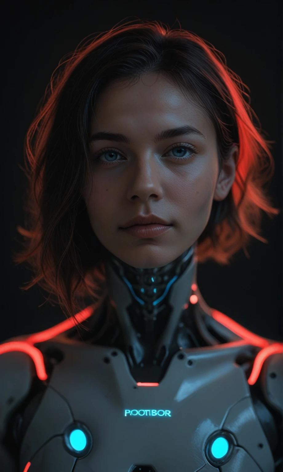 score_9, score_8_up, score_7_up, score_6_up, photo, realism, photorealistic, fantasy photo, portrait, front view, (cyborg), mechanical face, mechanical head, robotic body, looking at viewer, depth of field, bokeh, black background, neon glow, blue neon, red neon