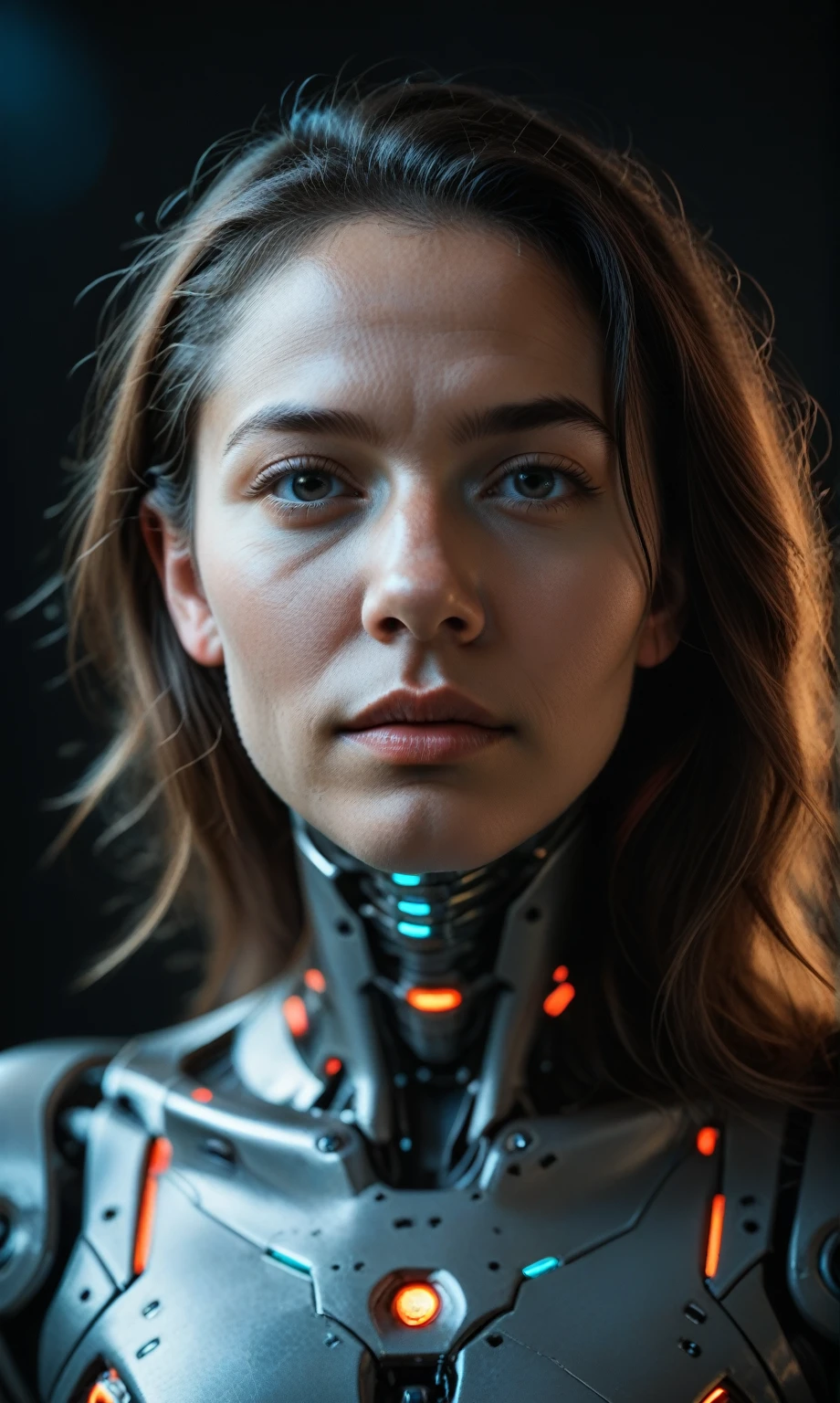 score_9, score_8_up, score_7_up, score_6_up, photo, realism, photorealistic, fantasy photo, portrait, front view, (cyborg), mechanical face, mechanical head, robotic body, looking at viewer, depth of field, bokeh, black background, neon glow, blue neon, red neon