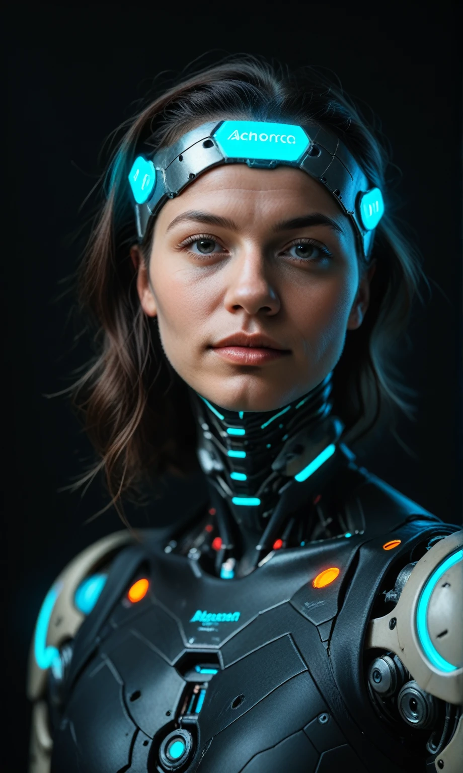 score_9, score_8_up, score_7_up, score_6_up, photo, realism, photorealistic, fantasy photo, portrait, front view, (cyborg), mechanical face, mechanical head, robotic body, looking at viewer, depth of field, bokeh, black background, neon glow, blue neon, red neon