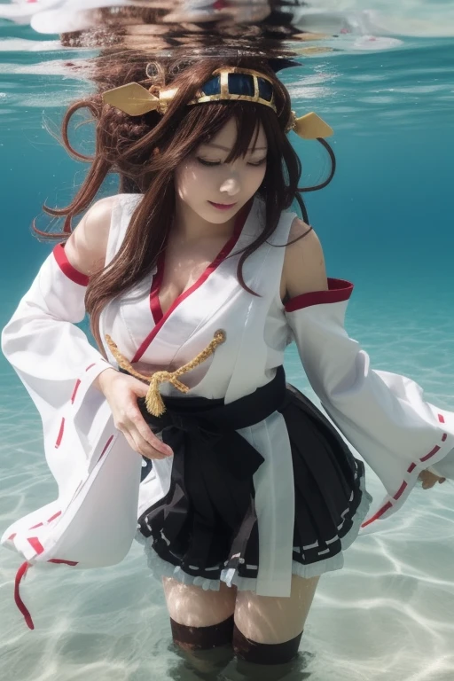 ltra-detailed,Advanced Details, best quality ,masterpiece,Illustration,Realistic,photoRealistic,
black, black \(Kantai Collection\), 
 1 girl, Alone,  cosplay, 
 Non-traditional Priestess,   Detached Sleeves,  Ribbon trimスリーブ , Japanese clothing, Shoulder Bare,   Wide Sleeves , skirt, Thigh length, Absolute territory, 
Ribbon trim, 
Long Hair, Brown Hair, Hair Bun,  Double Bang, Ahoge,   headgear , Hair Bunド,  Hair Ornament, 
 viewers standing with their legs open, water泳, floating,  cowboy shot , 
Ocean, water,underwater, partially underwater shot, sunlight, sand, 
 