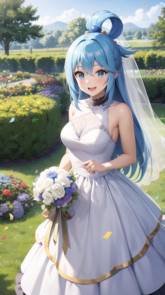 masterpiece, best quality, highres, aaaqua, long hair, blue hair, hair rings, hair ornament, wedding dress, standing, garden, confetti, holding bouquet, smile, open mouth,