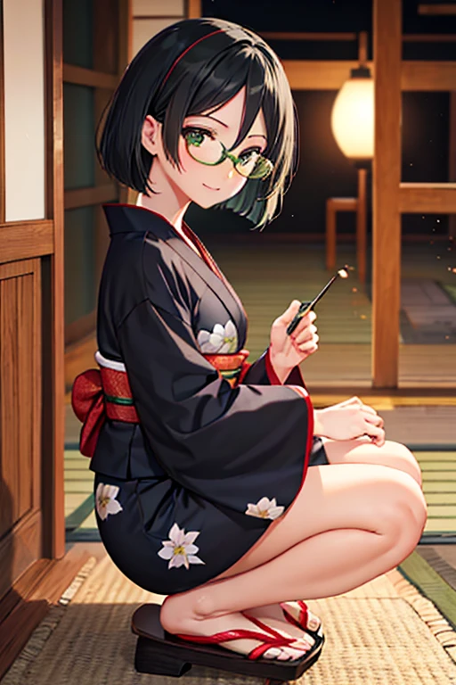 Best Quality、masterpiece、High sensitivity、 Kampala、 Detailed explanation、 Fragrance Spark、Crouching in a yukata、Wearing Geta、, {Kirishima_ fleet collection:1.15}, short_hair, Glasses, black_hair, Green Frame_Glasses,