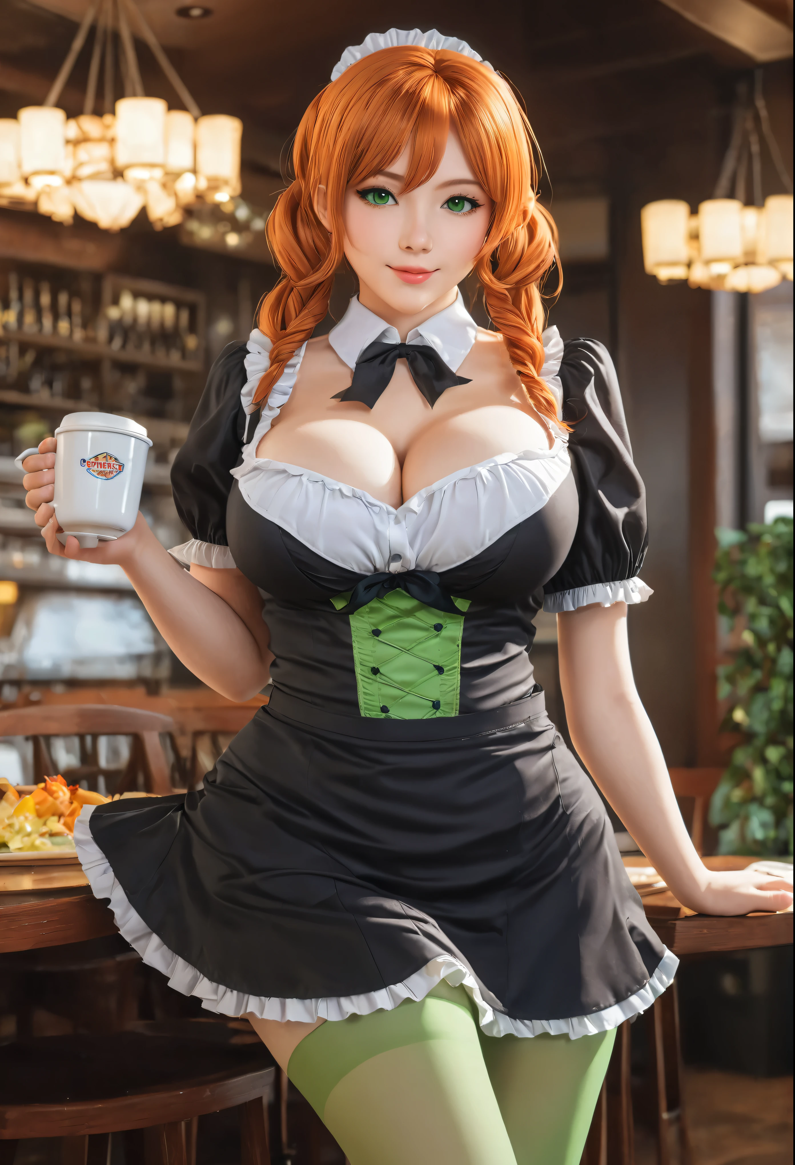 /draw ai_generated curvy_body curvy_female curvy_figure The average cup size female_only huge_breasts looking_at_viewer +maid solo_female solo_focus stable_diffusion waitress orange_hair green_eyes lifts the skirt showing black panties legs in pantyhose