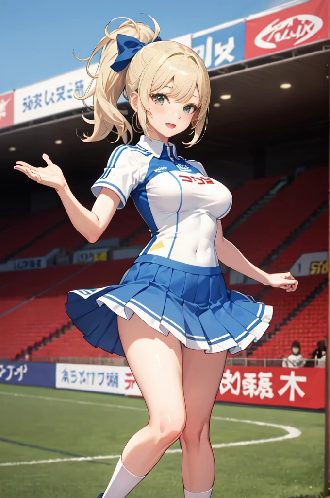 ((Highest quality. 8k)) J.League Tokyo Verdy Overcrowded Soccer Stadium  (( super high resolution , 8k,  anatomically correct body )) Pretty Girl Supporter Fair White Platinum Blonde Hair Ponytail Tall Model Body Size Big Breasts Big Nipples Verdi Green Soccer Jersey Shine White Pleated Skirt Mini Skirt with Flip-up White Panties Expose Your Legs